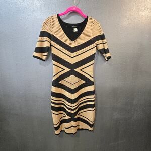 Etcetera Women's Black & Tan Knit Short Sleeve Geometric Bodycon Dress | S
